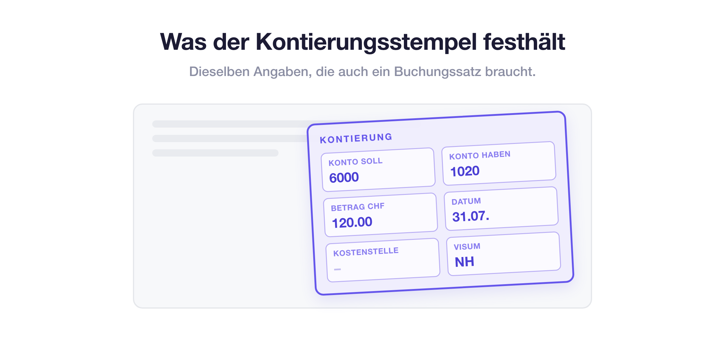 Die typischen Felder eines Kontierungsstempels auf einem Beleg: Konto Soll, Konto Haben, Betrag, Datum, Kostenstelle und Visum