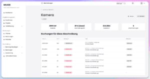 Abschreibungsübersicht auf der MILKEE Plattform mit Kaufpreis, Abschreibungsrate und Buchungen