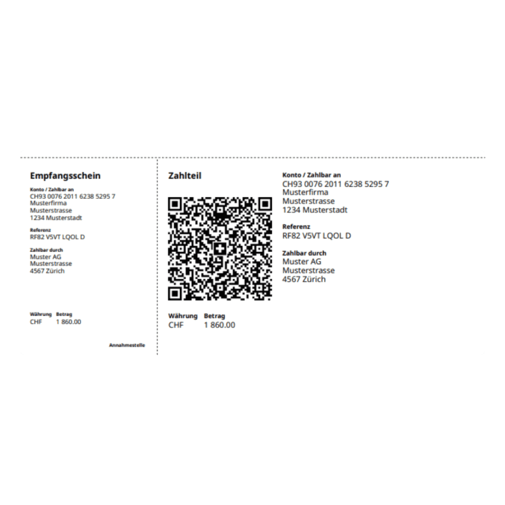 Beispiel eines Empfangsscheins zur Erstellung von QR-Rechnungen