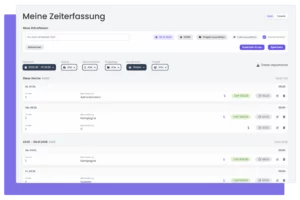 Übersicht der erfassten Zeiten in der Zeiterfassungsapp mit Datum, Projekten und Stunden.