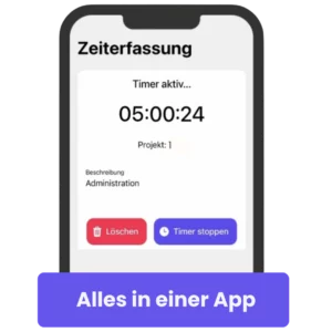 Smartphone mit einer Zeiterfassungsapp, die einen aktiven Timer anzeigt. Perfekt für Selbständige.