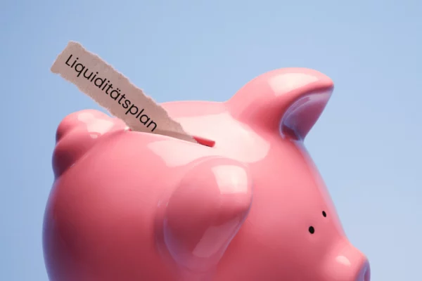 Sparschwein mit Zettel „Liquiditätsplan“ – Symbol für Liquiditätsplanung